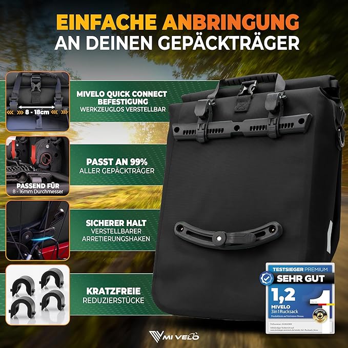 MIVELO Pannier - Sac à dos et sac à bandoulière 3-en-1 - Étanche - 20 litres - Noir