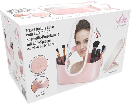 Touch Of Beauty Make Up Organiser avec miroir LED - Travel Beautycase - 24.1 x 10.4 x 11.7CM - Lumière LED ajustable - Câble de chargement USB inclus - Plastique - Rose