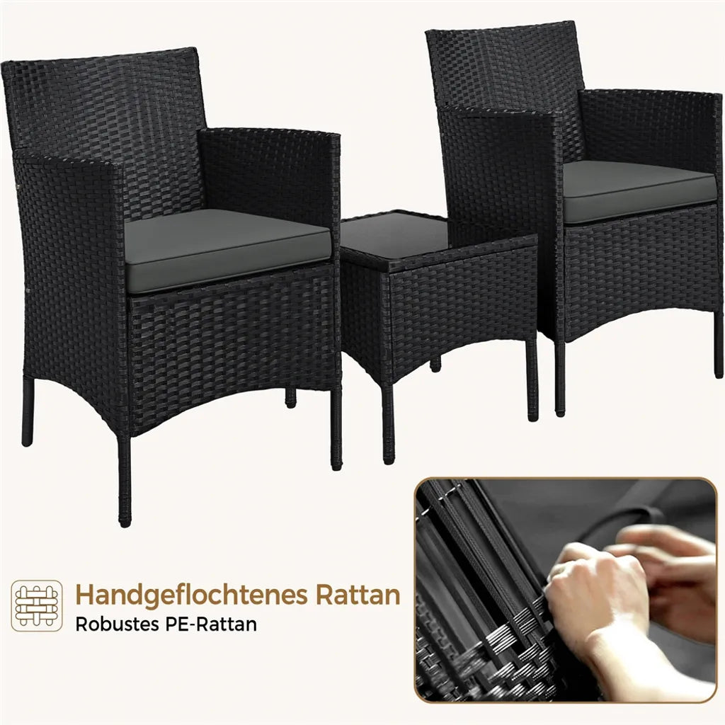 Yaheetech Garden Set 3-Piece - Rattan - Balcony Set - Chairs - Table Black/Grey