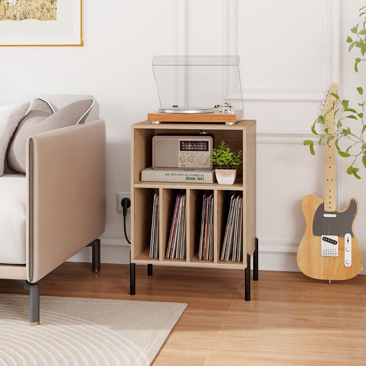Étagère à vinyles Coast avec station de recharge - 4 compartiments - adaptée à une platine vinyle - couleur naturelle