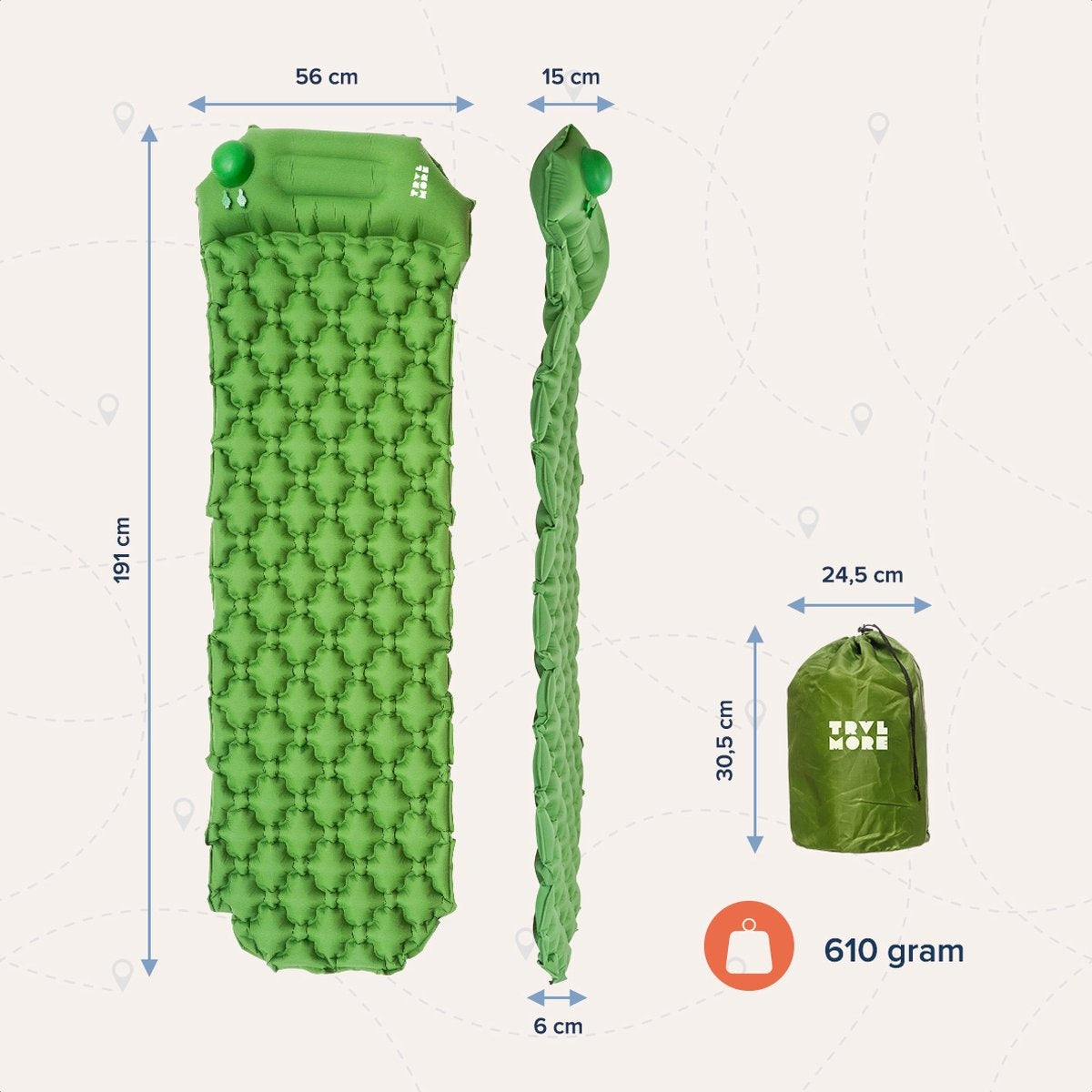 Matelas de couchage TRVLMORE - autogonflant - 1 personne - Pompe et oreiller intégrés - Vert