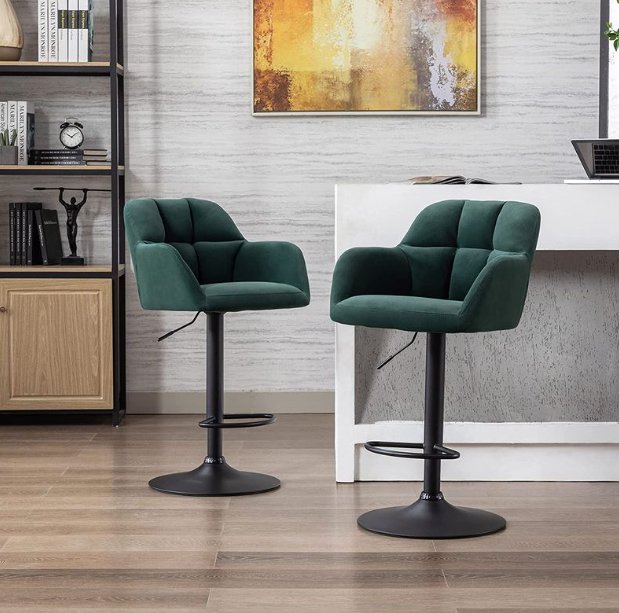 Lot de 2 tabourets de bar WAHSON en velours vert - Réglables en hauteur de 65 à 87 cm - Pivotants