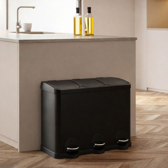 Bayt Poubelle - Poubelle à pédale 45 litres - Poubelle 45 litres - Poubelle 45 litres - Séparation des déchets - Poubelle 3 compartiments - 3x15 litres - Poubelle - inox - Noir