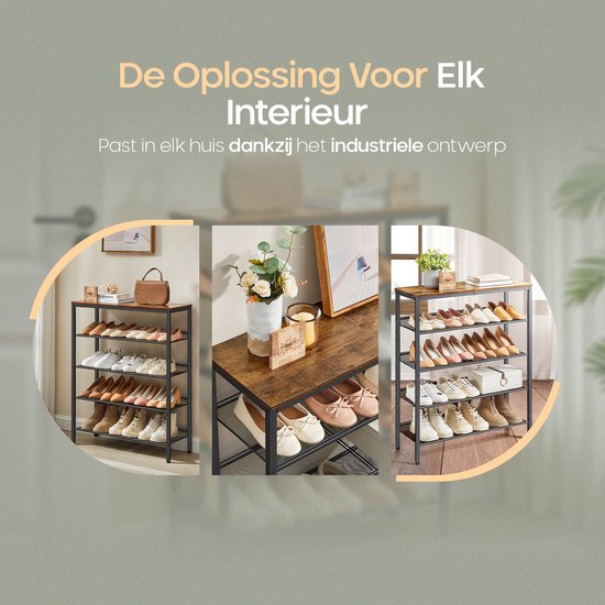 O'DADDY® Shoe Rack - 5 Layer - Shoe Storage System - Shoe Rack - Shoe Cabinet - Shoe Cabinet - Industrial Design - Brown Wood - Black Metal