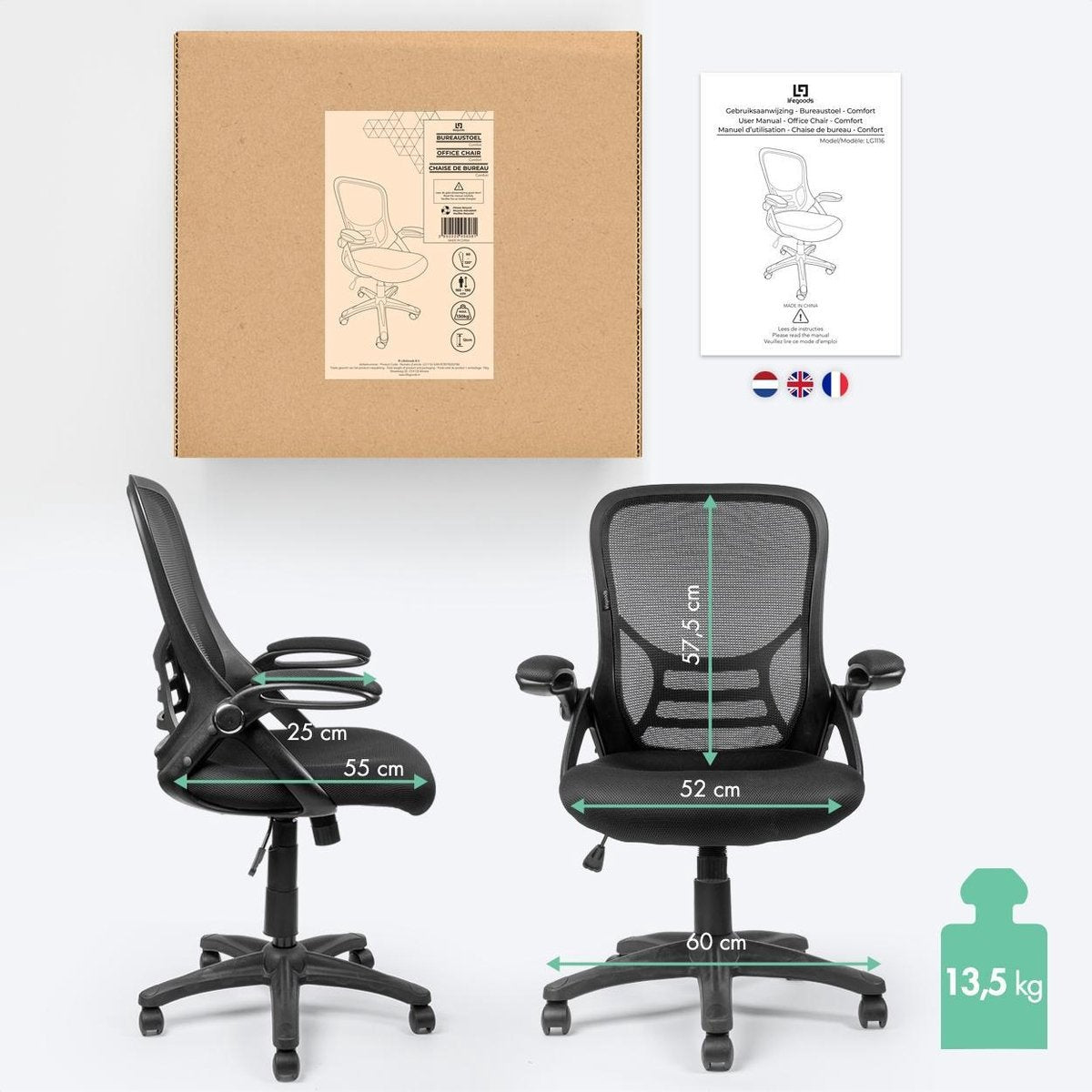 LifeGoods Ergonomic Office Chair - Chaise de bureau - Réglable - Adultes - Noir