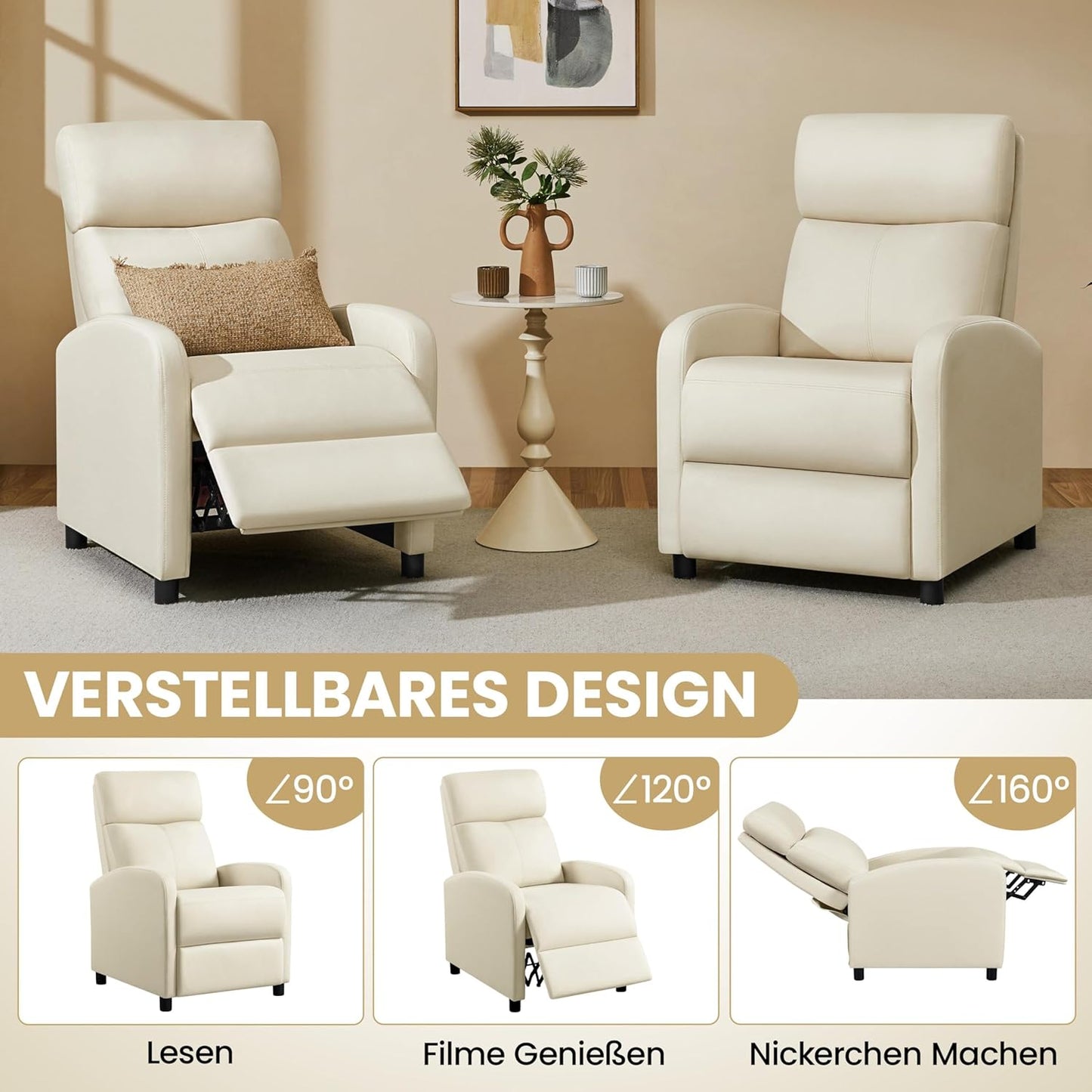 Fauteuil de détente Yaheetech XL - Fauteuil inclinable avec repose-pieds - Simili cuir beige - 87 x 61,5 x 99 cm