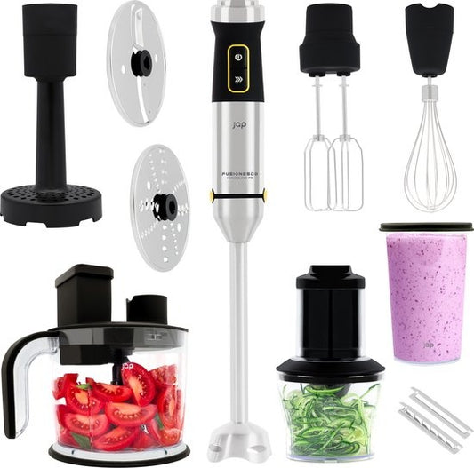 JAP Appliances ForceBlend F3 - 7in1 Hand blender set (1500W) - Comprend un robot culinaire, une tasse à mesurer, un éminceur en spirale, un fouet et un batteur - Pour la soupe, la viande, les smoothies et les collations pour bébés - Black/RVS