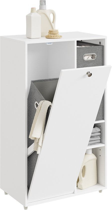 Meuble de salle de bains SoBuy avec panier à linge, armoire de rangement avec 2 paniers en tissu, peu encombrant, linge sale, blanc, pour buanderie BZR218-W