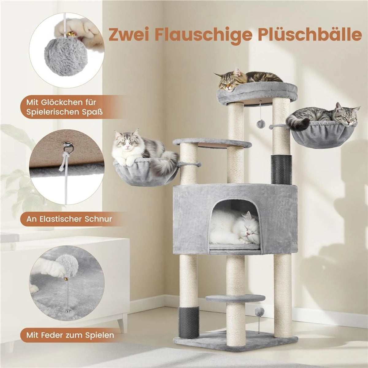 Arbre à chat Yaheetech, 160 cm de haut - tiges en sisal de ⌀11 cm, plateformes et niches pour chats - gris clair et beige