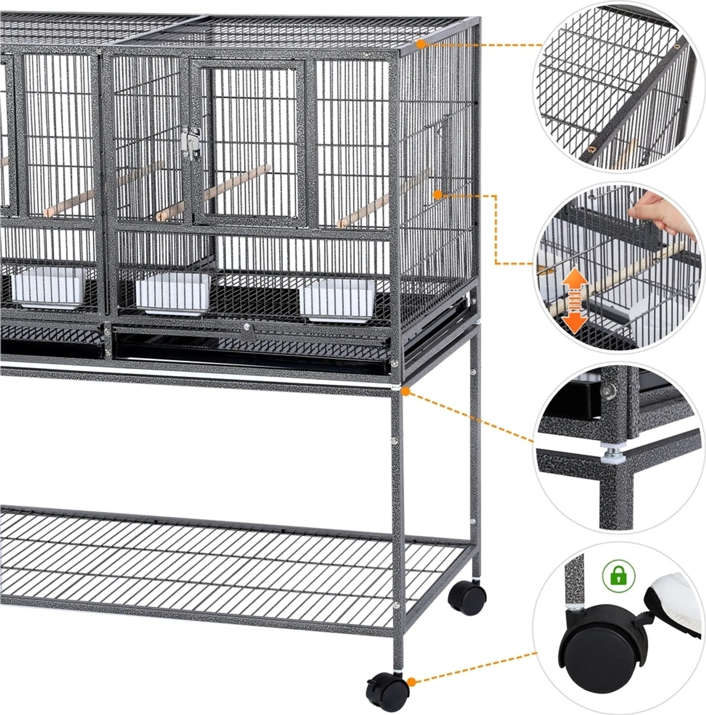 Yaheetech Cage à oiseaux avec cloison - Avec support amovible et quatre perchoirs et rangement - Pour canaris et perruches - Métal laqué noir et bois - 95,5 x 45,5 x 105 cm