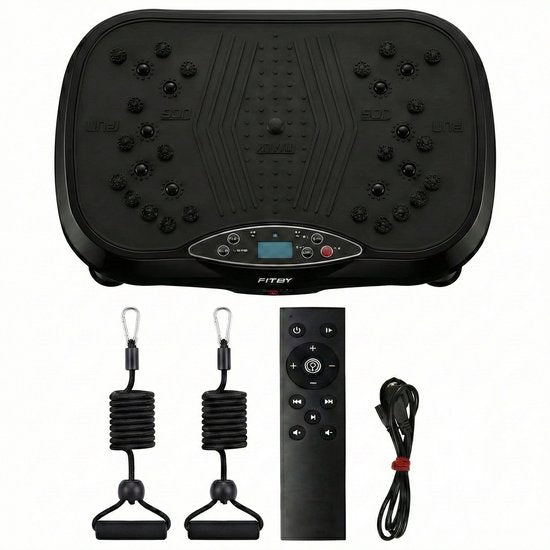 Plaque vibrante Fitby - Plaque vibrante de fitness - Powerplate - Avec bandes de résistance et poignées incluses - Avec télécommande - 3 modes d'entraînement - 120 niveaux de vitesse - Noir