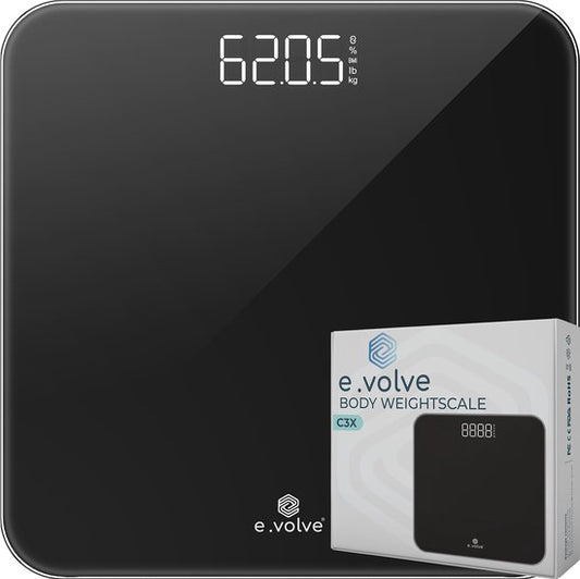 E-volve - Pèse-personne numérique - Piles incluses - Verre trempé - Affichage LCD - Jusqu'à 180 kg - Mesure précise - Noir