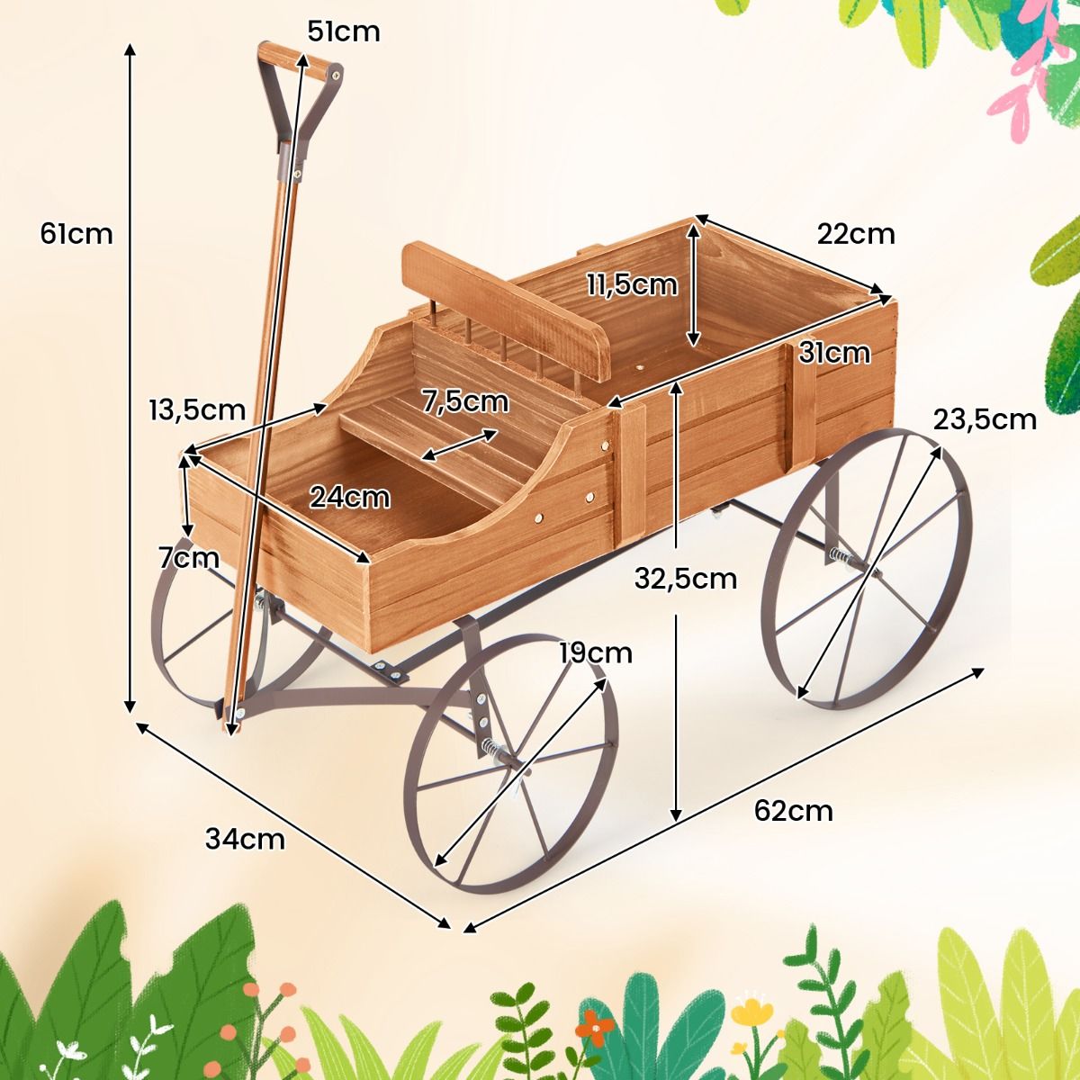 Coast Wooden Plant Trolley with 2 Sections and Wheels - 62x34x61 cm - Orange