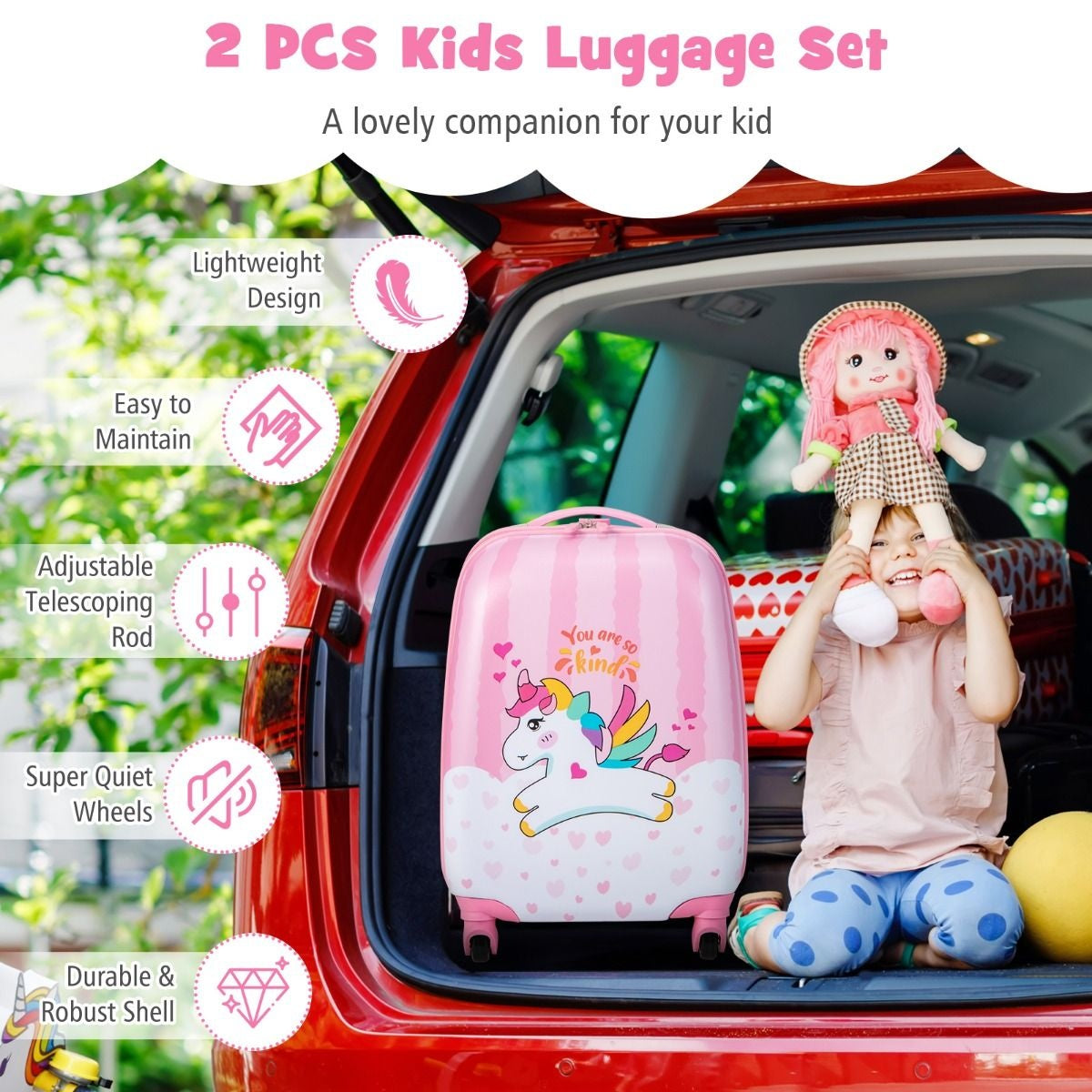 Coast valise + sac à dos pour enfants - licornes - 2 pièces - bagage à main - rose