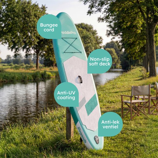 LifeGoods SUP Board All-round Compact - avec siège - capacité de charge de 100 KG - 300 x 76 cm - gonflable - ensemble complet de SUP - vert menthe