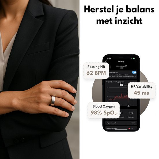 Focus® S1 Smart Ring - Gris - Taille 11 - Fréquence cardiaque - Cycle menstruel - Moniteur de sommeil - Performance sportive - Podomètre - Étanchéité IP68 - Mesure de l'O2 - Femmes - Hommes - Étui de chargement - anneau de protection