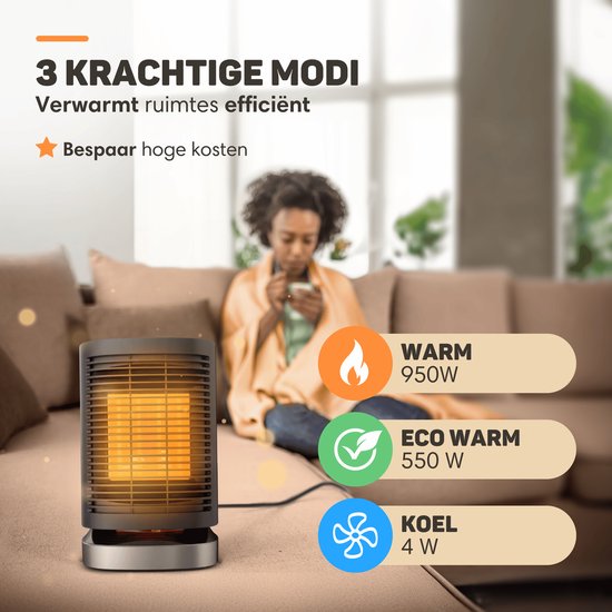 Vulpes Goods® Tech - Radiateur électrique - Chauffage électrique pour l'intérieur - Radiateur à ventilateur - Radiateur céramique - 3 niveaux - 950W - Indication LED - Rotatif - Noir - Version PRO