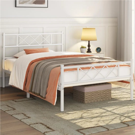 Yaheetech Cadre de lit 90 × 200 cm - Métal blanc - Lit simple avec tête de lit X-Design, sommier à lattes et espace de rangement de 32 cm