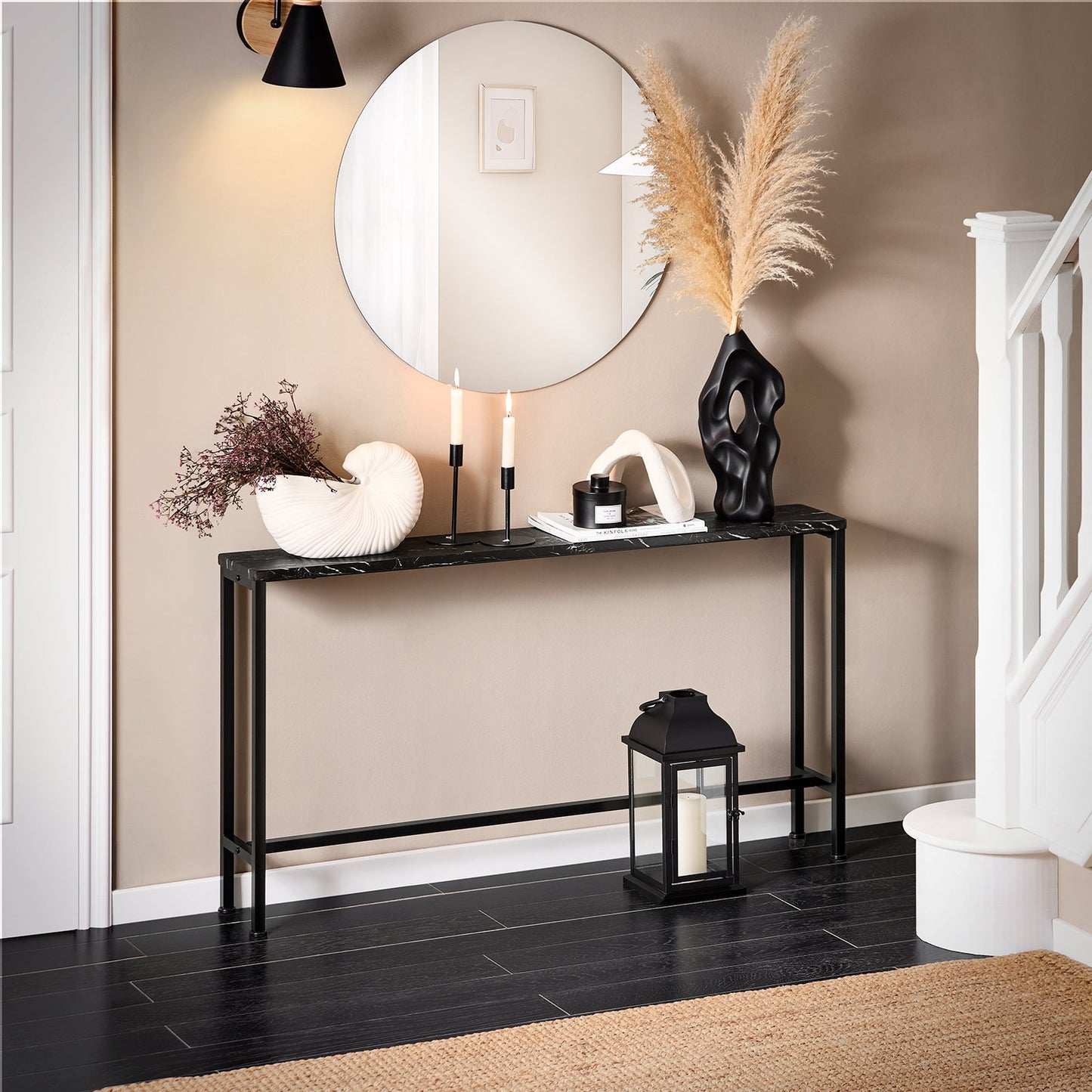Table d'appoint Sobuy Consoletafel FSB19 SCH – 120 cm de longueur, avec plateau aspect marbre, structure métallique noire et patins de protection – Pour l'entrée et le salon – Bois et métal – 120 x 20 x 65 cm