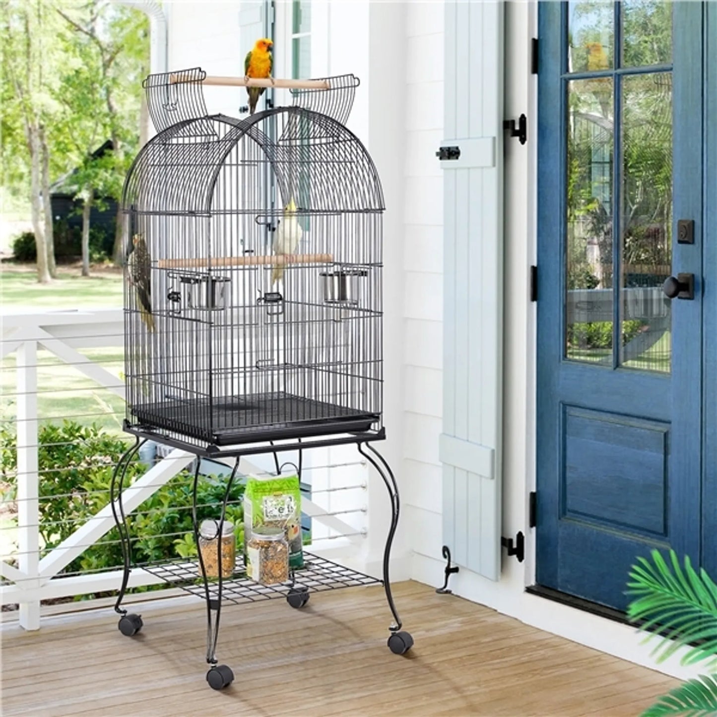 Yaheetech Cage à oiseaux - Perruches et perroquets - 59.5x59.5x150 cm - Mobile - Support amovible - Perchoirs - Noir