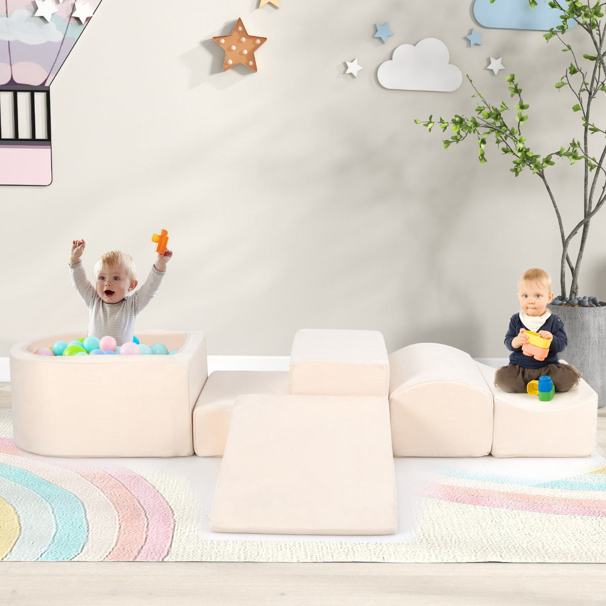 Blocs de jeu en mousse 5 pièces avec piscine à balles - Blocs de construction XXL souples pour les enfants et les jeunes enfants - Beige - Pour jouer, grimper et construire