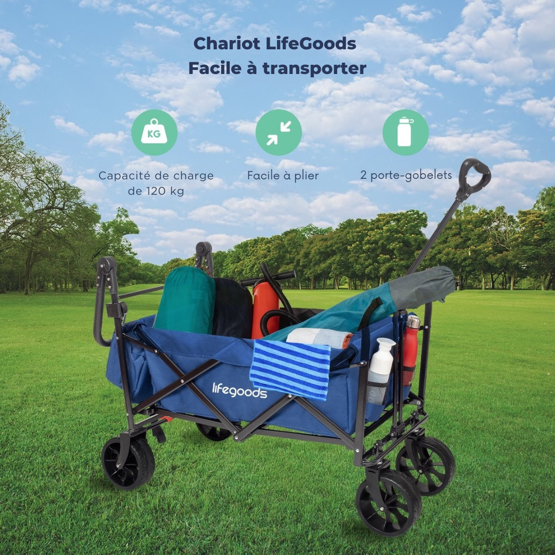 Chariot LifeGoods - Pliable - Jusqu'à 120KG - 90L - Polyester lavable - 120x80cm - Bleu