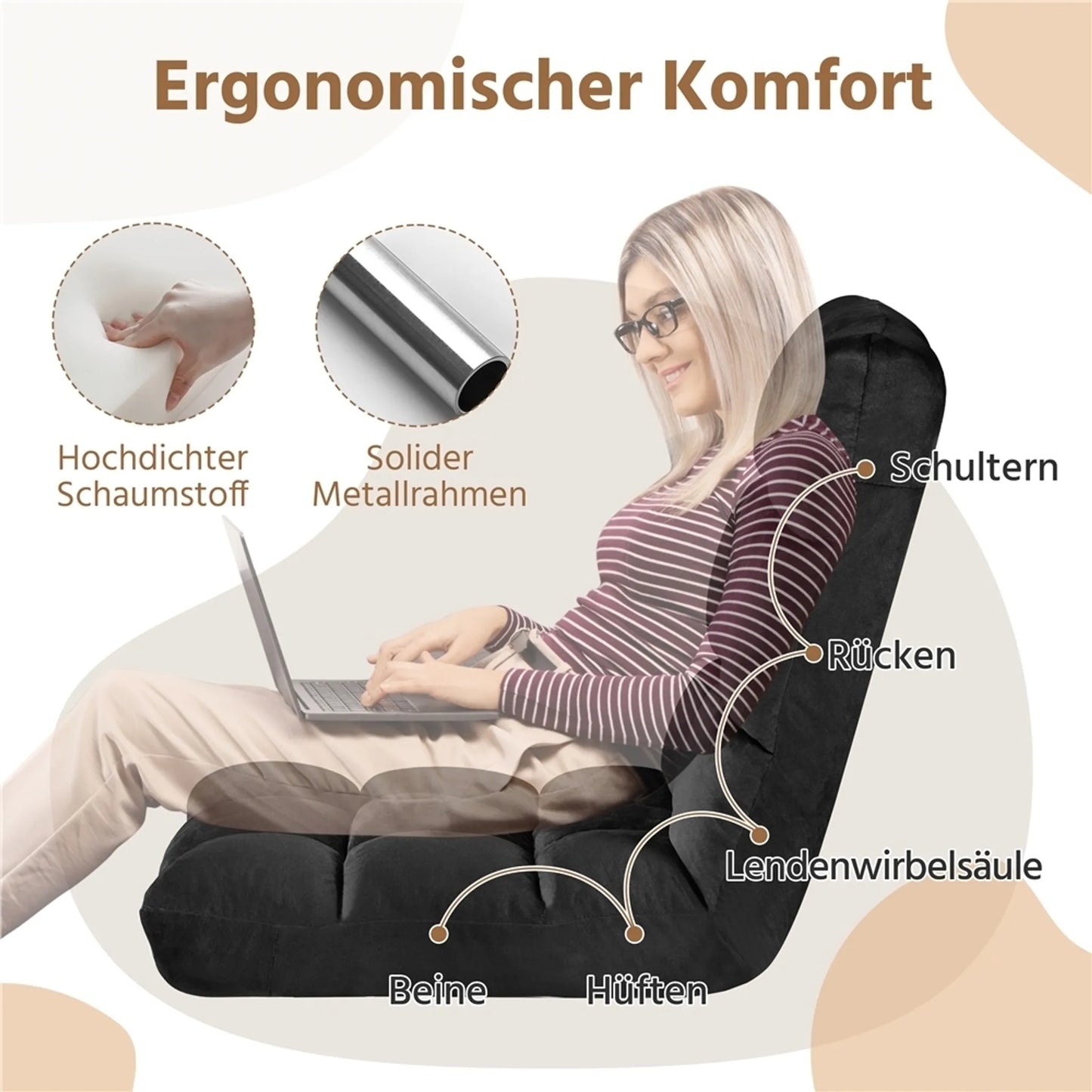 Yaheetech Floor Chair Includes 14 Adjustable Stands - Features High Density Foam And Sturdy Metal Frame And Soft Plush Fabric - For Living Room And Playroom - Black Polyester - 111.5 x 53 x 14 cm