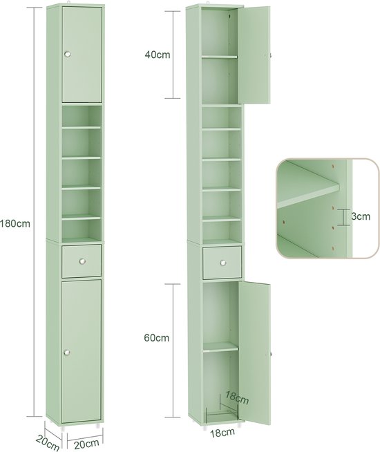 SoBuy Armoires de salle de bain hautes - Armoire de rangement avec étagères réglables et tiroir - Armoire colonne salle de bain - 20x180x20cm, Light Green, BZR34-II-GR - pour salle de bain, salon, chambre à coucher