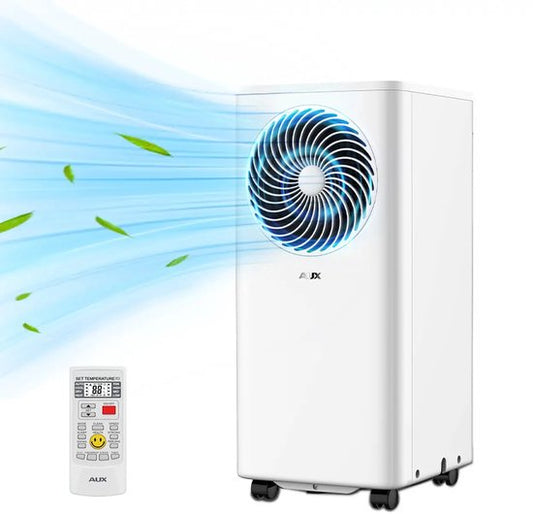 Climatiseur mobile AUX 3-en-1 9 000 BTU (jusqu'à 36 m²), classe énergétique A, Wi-Fi et télécommande, 4 modes, auto-amortissement, réfrigérant R290, filtre lavable, support de fenêtre inclus