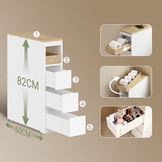 SoBuy Meuble de toilette 20 cm, meuble de salle de bain avec 3 tiroirs, petit meuble à papier toilette, étagère mobile pour salle de bain, toilettes et cuisine, blanc, 60 x 20 x 82,3 cm