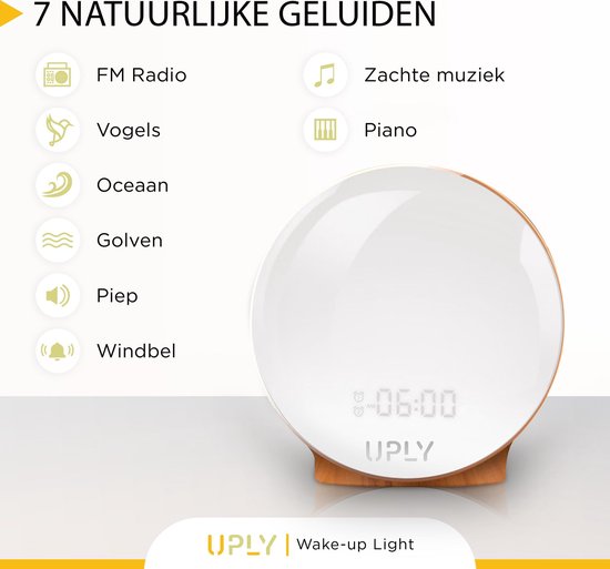 UPLY Wake Up Light - Avec point de chargement USB - Réveil lumineux - Réveil radio - 2 heures d'alarme - 7 couleurs