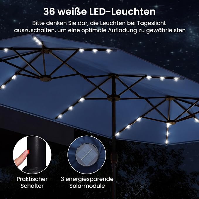 Parasol double Coast avec éclairage LED - 400 x 200 cm - UPF 50+