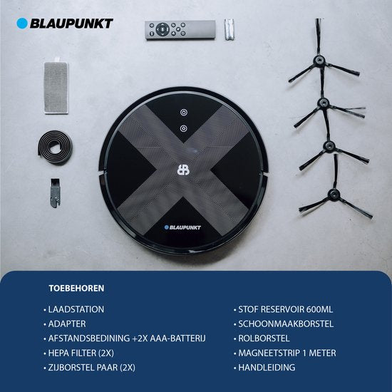 Blaupunkt Bluebot XVAC BPK-VCBB1XVBWT - Robot aspirateur avec fonction balayage - Station de recharge - Navigation gyroscopique intelligente - avec réservoir d'eau
