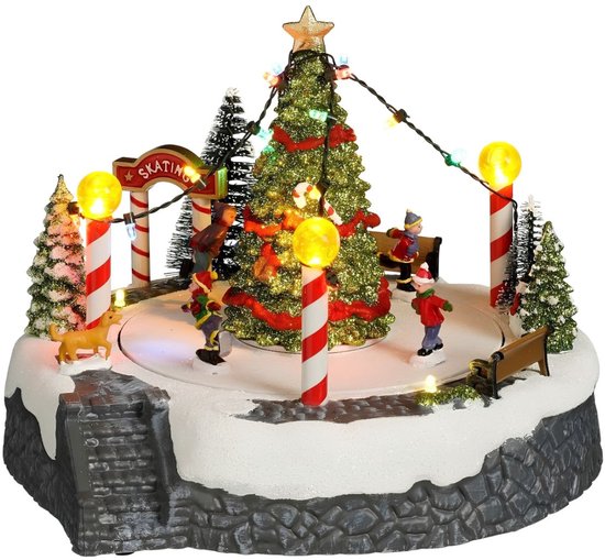 Luville Village de Noël avec scène de sapin et patinoire - Décoration de Noël avec figurines animées et éclairage LED - Guirlande à piles - Guirlandes de Noël d'intérieur - 22 x 22 x 18,5 cm - Blanc