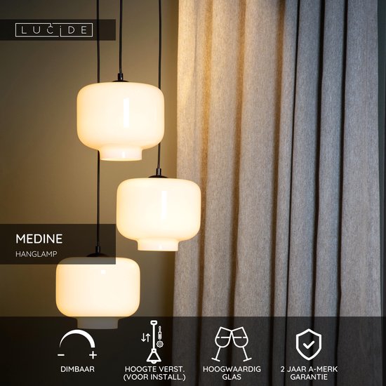 Lucide MEDINE - Lampe suspendue - Ø 46 cm - 3xE27 - Opale