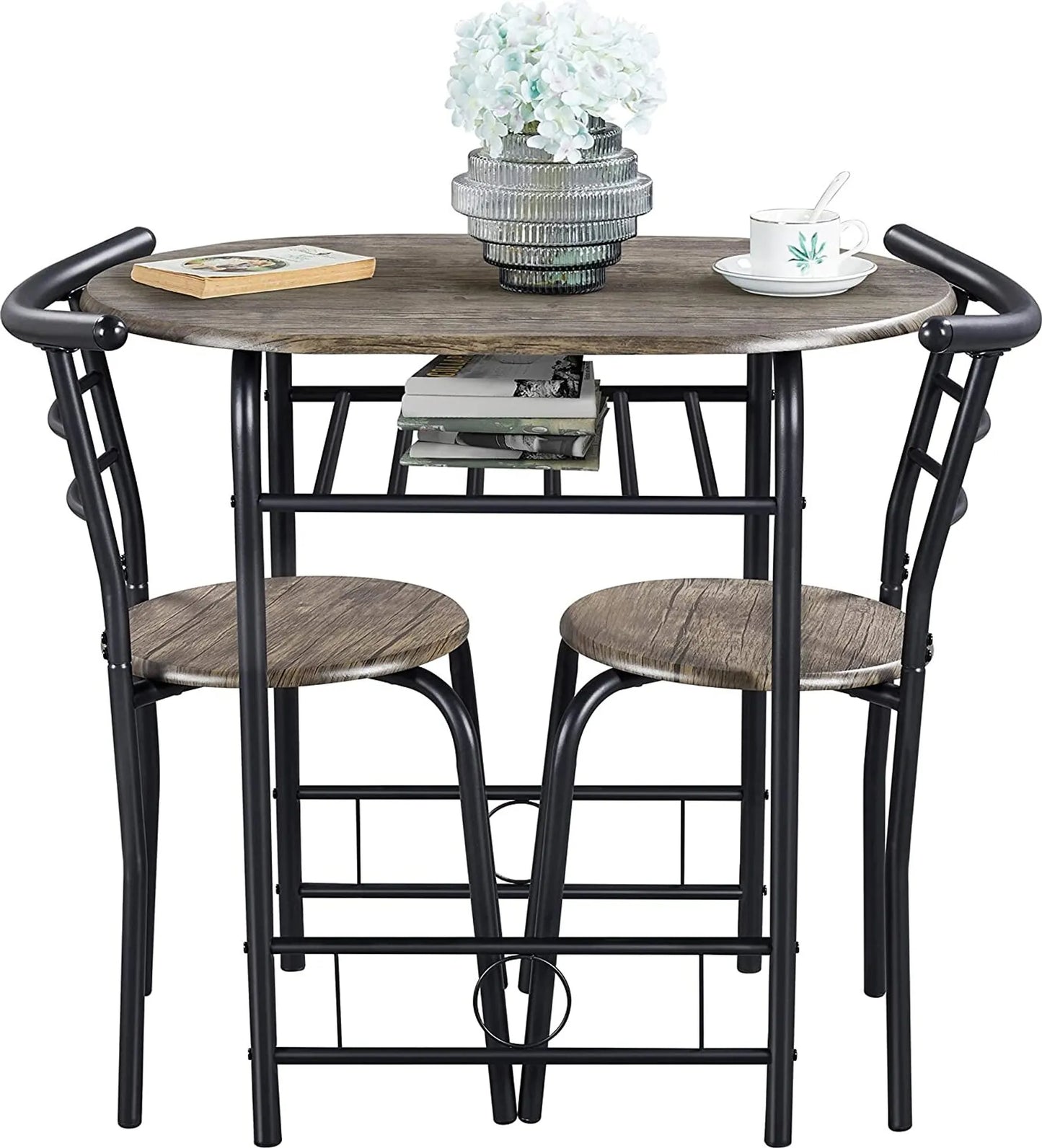 Yaheetech Dining Set Of 3 - Comprend une table avec 2 chaises, une étagère de rangement réglable et un revêtement hydrofuge - Pour la cuisine et la salle à manger - Driftwood Brown Metal and MDF - 80 x 53 x 73.5 cm