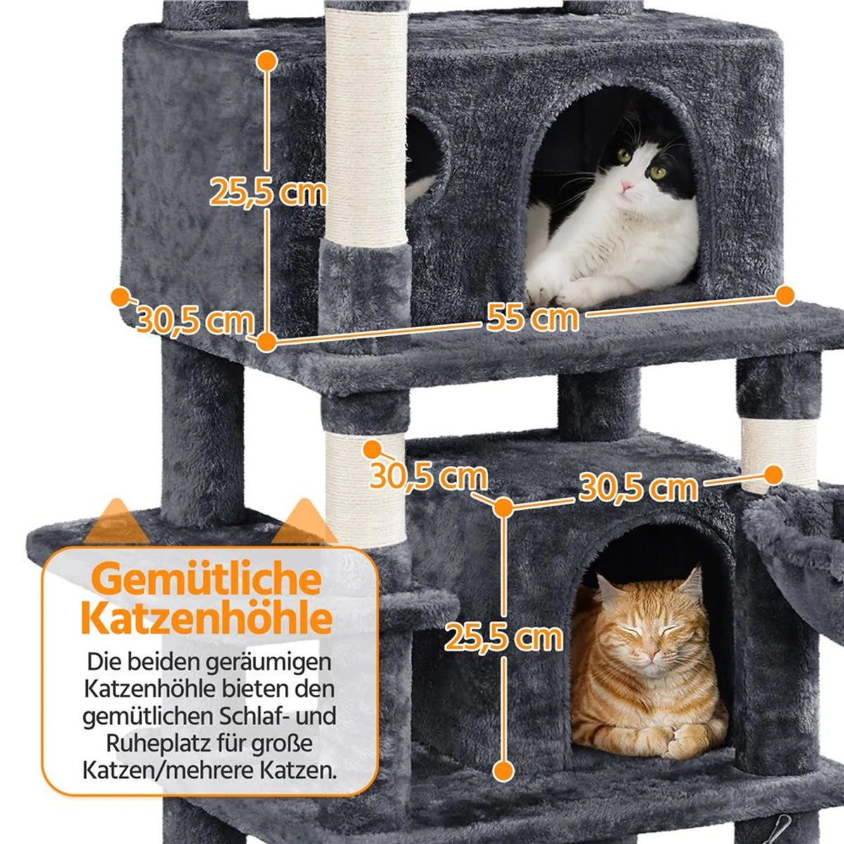 Yaheetech Cat Post XXL avec 2 plateformes d'observation - équipé de 2 trous pour chats, d'un hamac et de 7 poteaux en sisal - pour les foyers avec plusieurs chats - peluche et sisal gris foncé - 55,5 x 45,5 x 170 cm