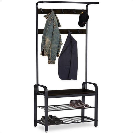 Goliving Porte-manteau - Porte-penderie - Meuble d'entrée - Porte-chaussures - Meuble à chaussures - Meuble industriel - Métal/Bois - 72 x 34 x 183 cm - Noir