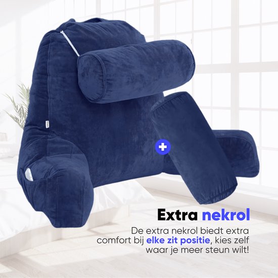 Q-Living Coussin de lecture XXL avec rouleau supplémentaire pour la nuque - Coussin de relaxation - Coussin de siège - Soutien du bas du dos - Coussin de lecture pour le lit - Bleu