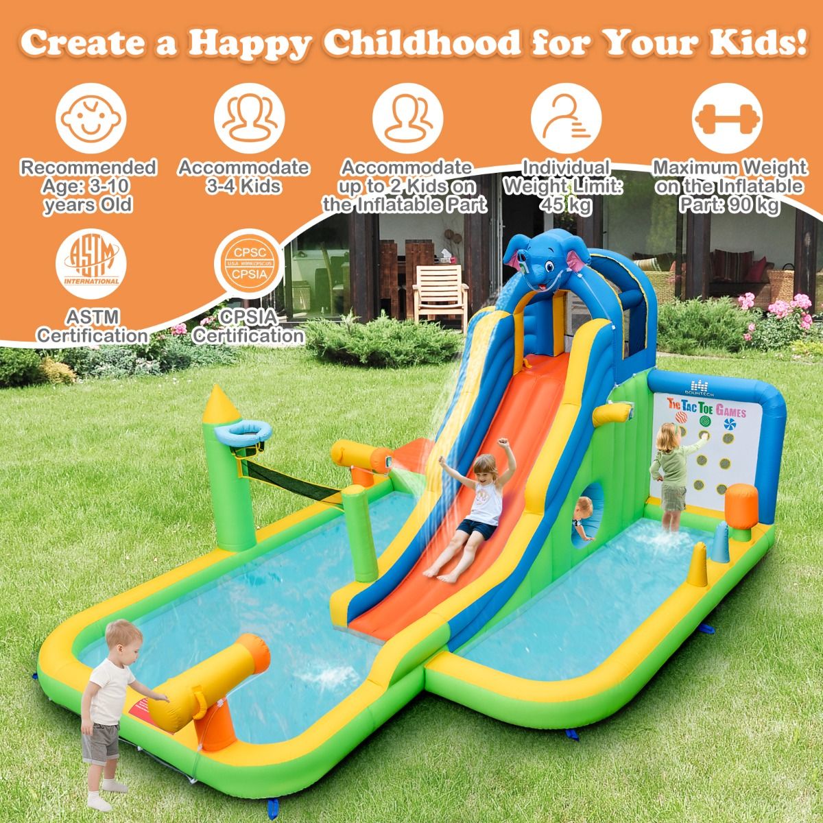 Coast 9-in-1 Château gonflable Eléphant avec toboggan, mur d'escalade et piscine à balles - Parc aquatique gonflable 378 x 469 x 250 cm - Multicolore