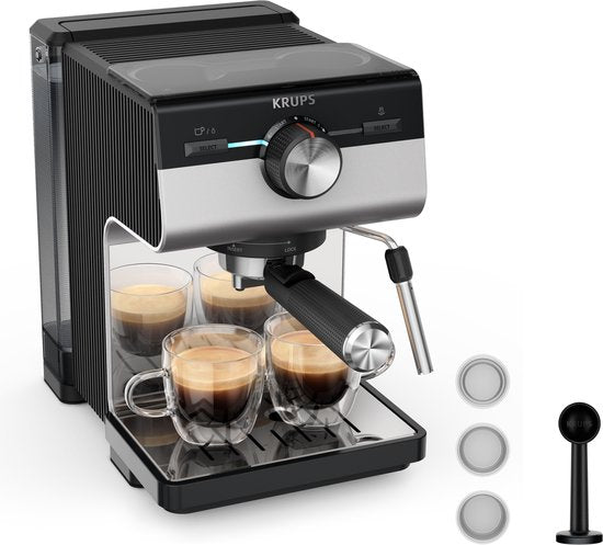 Machine à piston Krups Authentic XP384E10 - Machine à expresso - 15 bars - Système Thermoblock - Acier inoxydable - Buse à vapeur incluse - Compatible avec le café moulu et les dosettes ESE