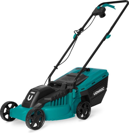VONROC Tondeuse électrique - 1300W - Largeur de coupe 32cm - Bac de ramassage 30L + indicateur de remplissage - Hauteur de coupe réglable