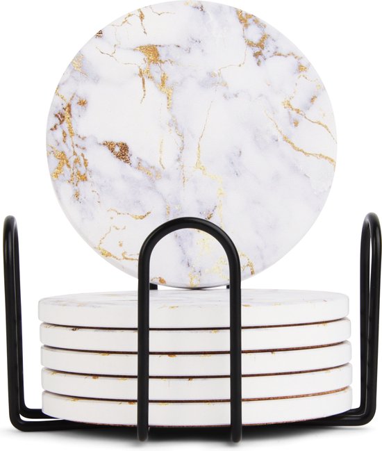 Castagnola Sous-verres en céramique avec support - Sous-verres pour verres - Sous-verres design - Sous-verres - Sous-verres à boire - Céramique - Liège - Lot de 6 - Blanc/Or