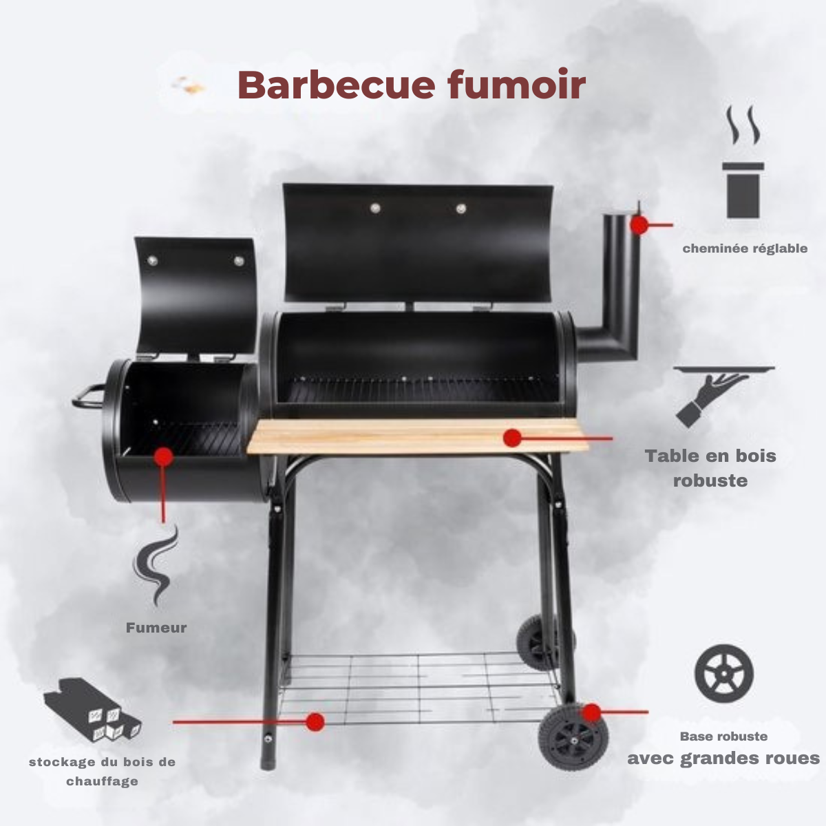 alpina Smoker Barbecue - BBQ Smoker - avec fumoir séparé - cheminée réglable - 104 x 58 x 114 cm - noir