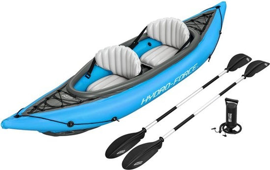 Bestway - Kayak Gonflable - Hydro-Force Cove Champion X2 - 2 Personnes - Inclus : Pagaies, Sièges, Pompe à Main et Ailerons