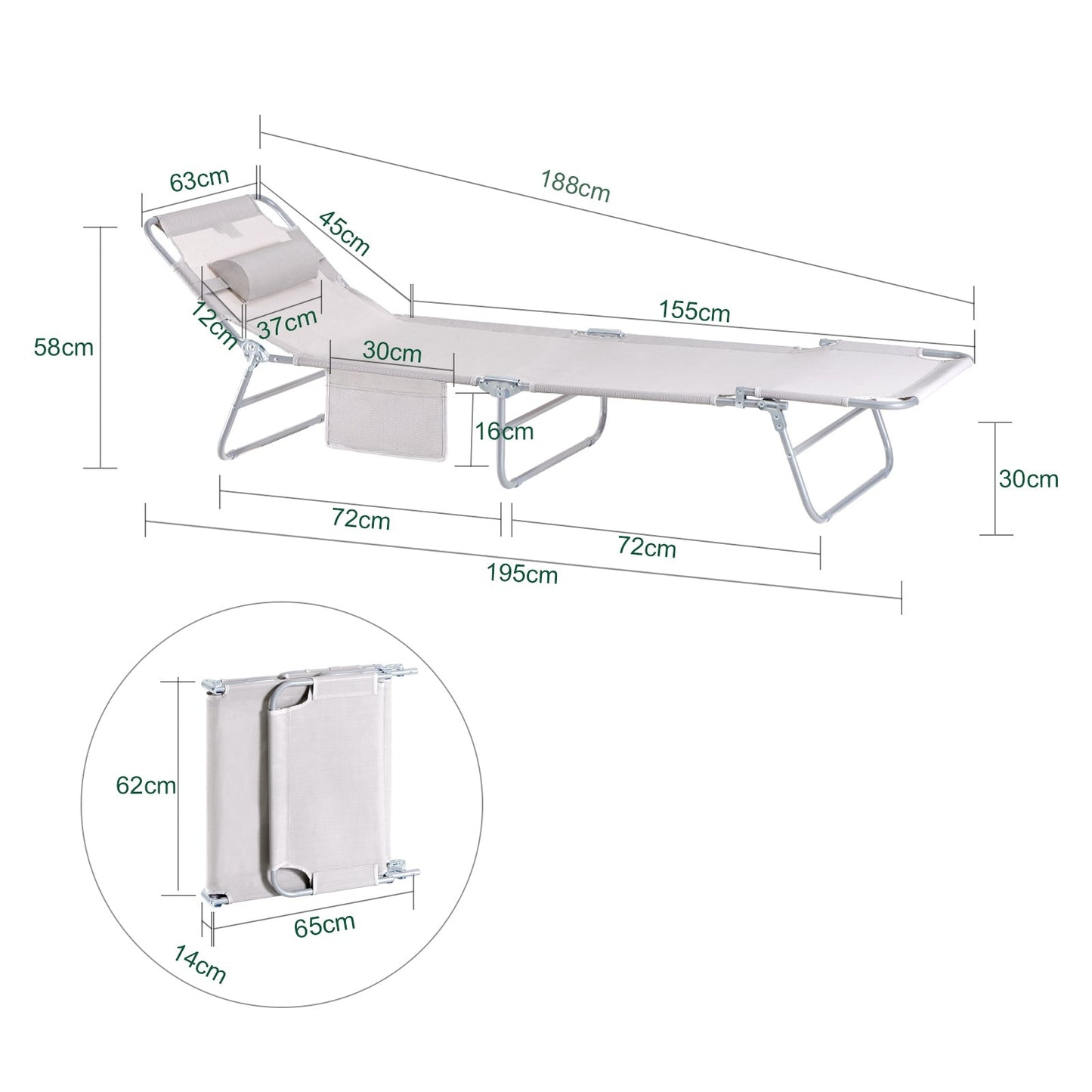 SoBuy Chaise longue - Pliable - Max. 120 kg - 195 x 63 x 30 cm - Blanc