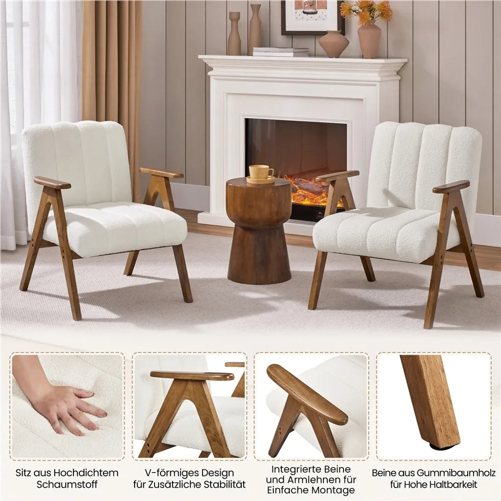 Yaheetech Armchair White - Chaise longue bouclée avec accoudoirs et pieds en bois - 60,5 x 68,5 x 73 cm