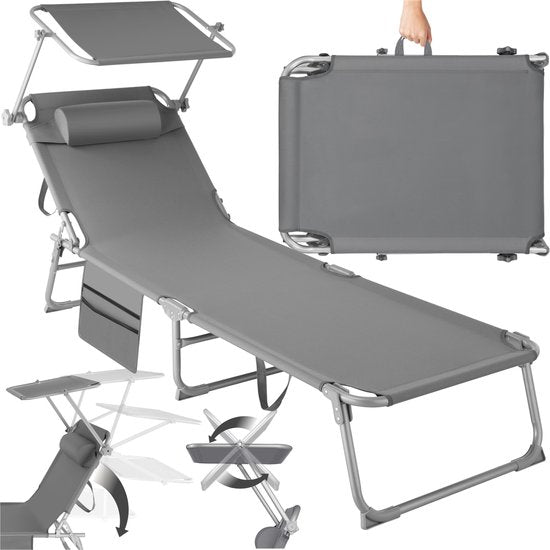 tectake® - bain de soleil bain de soleil - 4 positions, pliable - gris - 68 x 190 x 28 cm, avec poche latérale