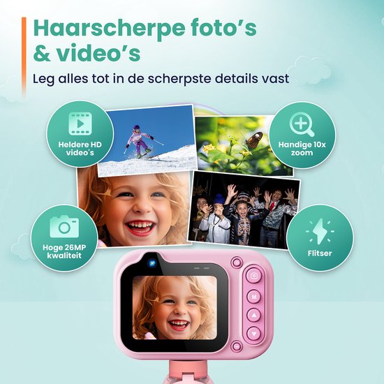 Appareil photo étanche pour enfants ODESSEY - avec trépied - Full HD - Appareil photo pour selfies - Carte SD de 32 Go - Photo - Vidéo - Jeux - Appareil photo numérique pour enfants - Appareil photo pour enfants - Rose