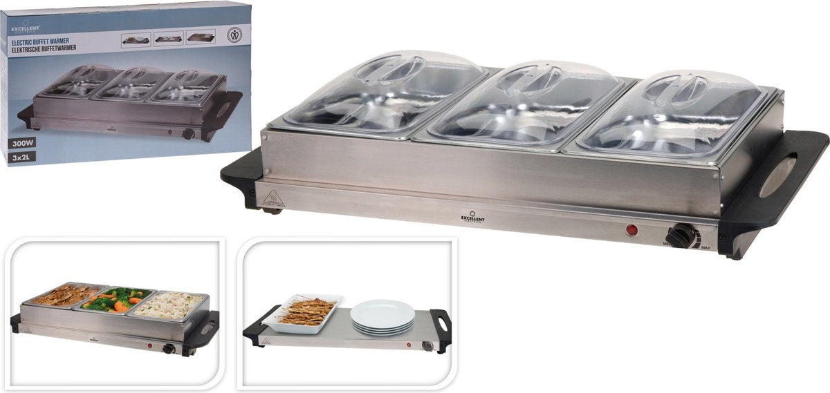 Chauffe plat et assiette - Excellent Electrics - Plaque chauffante - Acier inoxydable - 300W - 53 x 35 x 10cm - gris